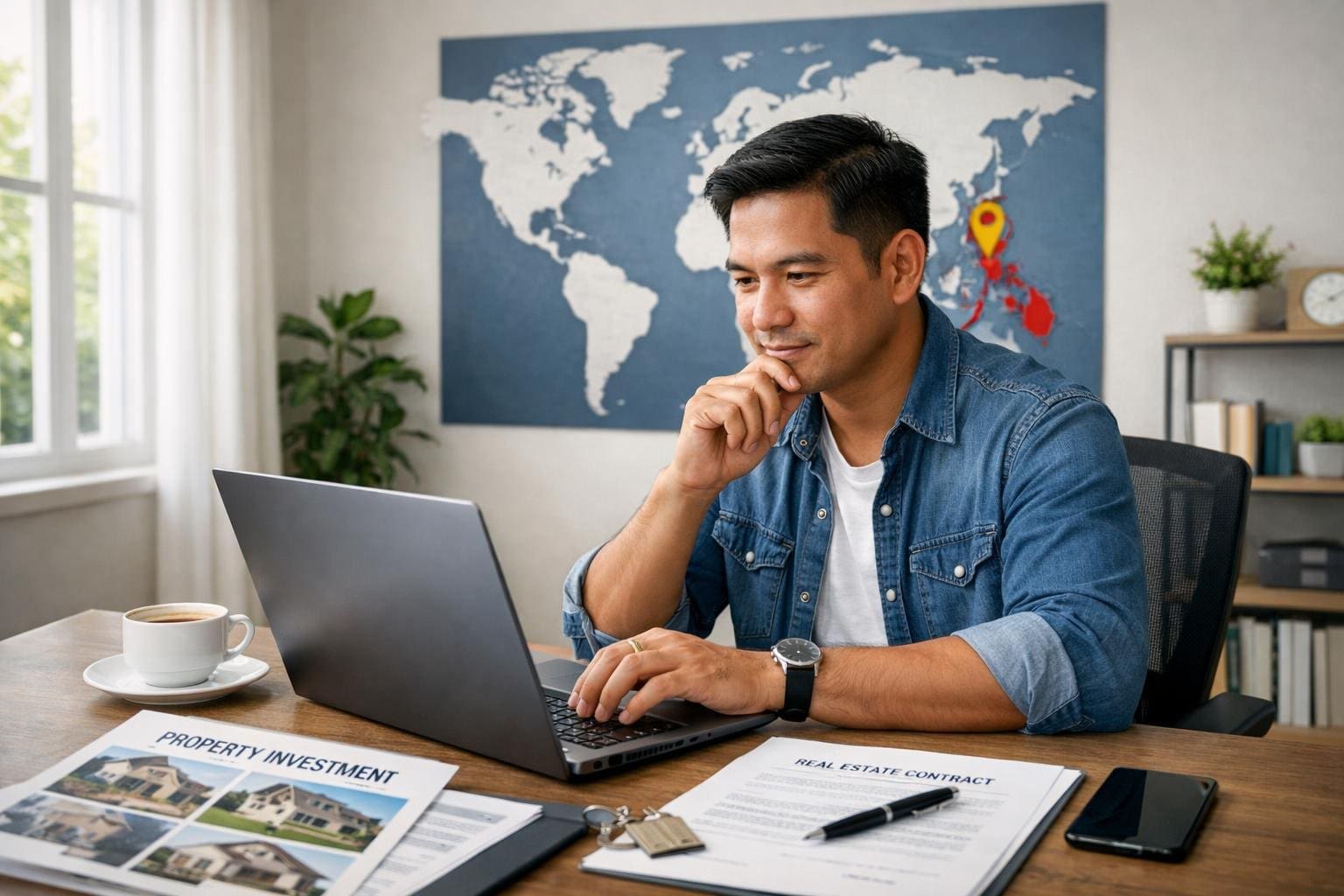 A person using a laptop at a home office desk with a world map on the wall, looking focused while researching property options.