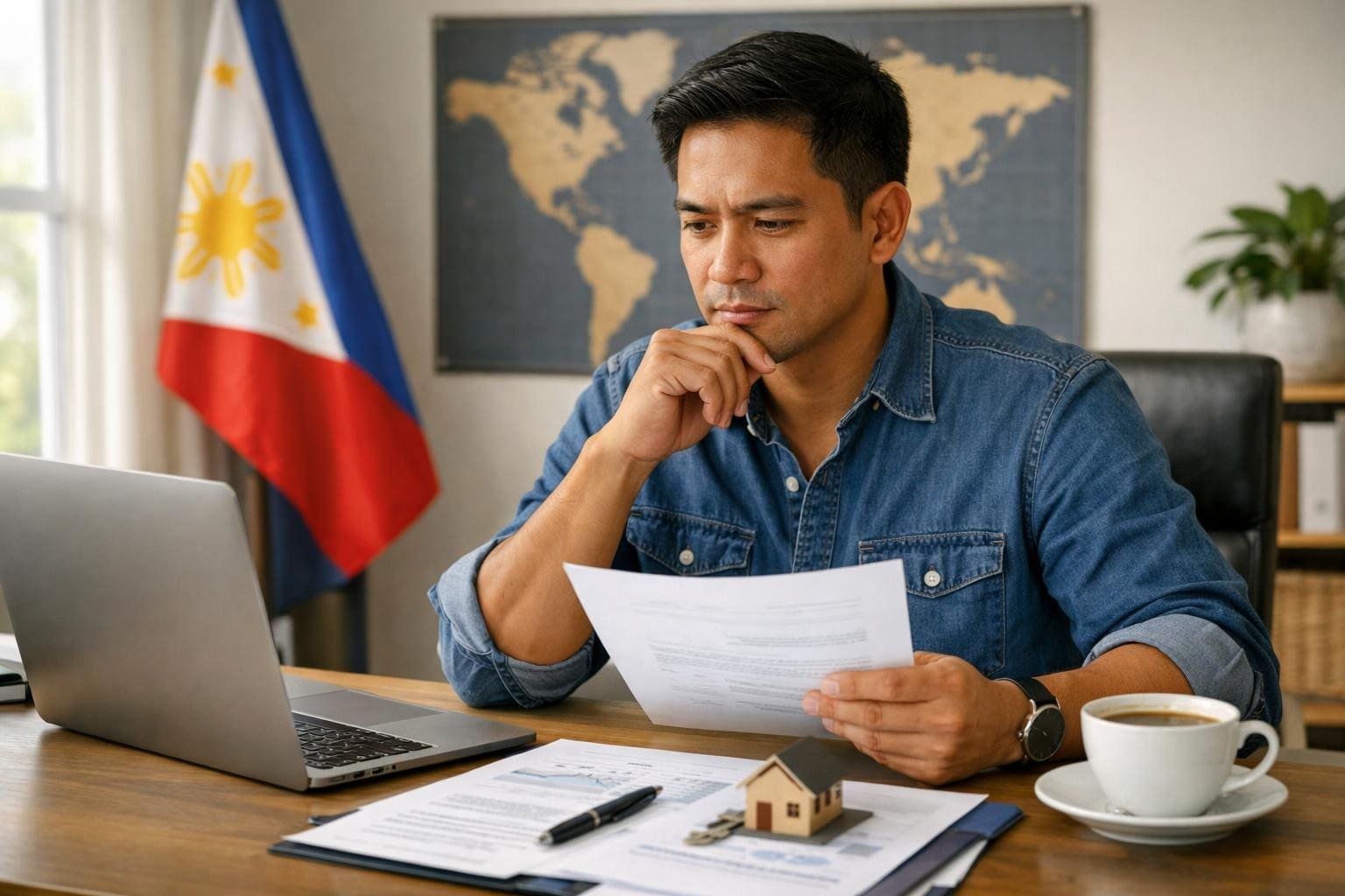 A person working at a desk with a laptop and papers, with a Philippine flag in the background.