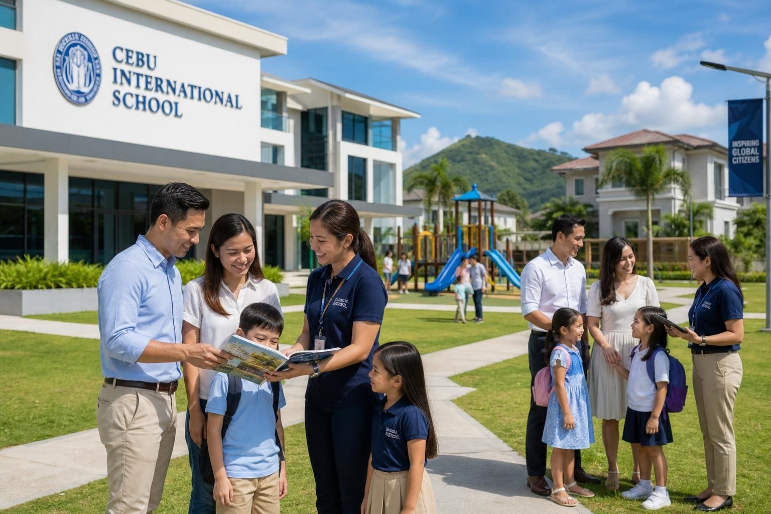 Families with children visiting a modern international school campus near residential homes, interacting and exploring the area.