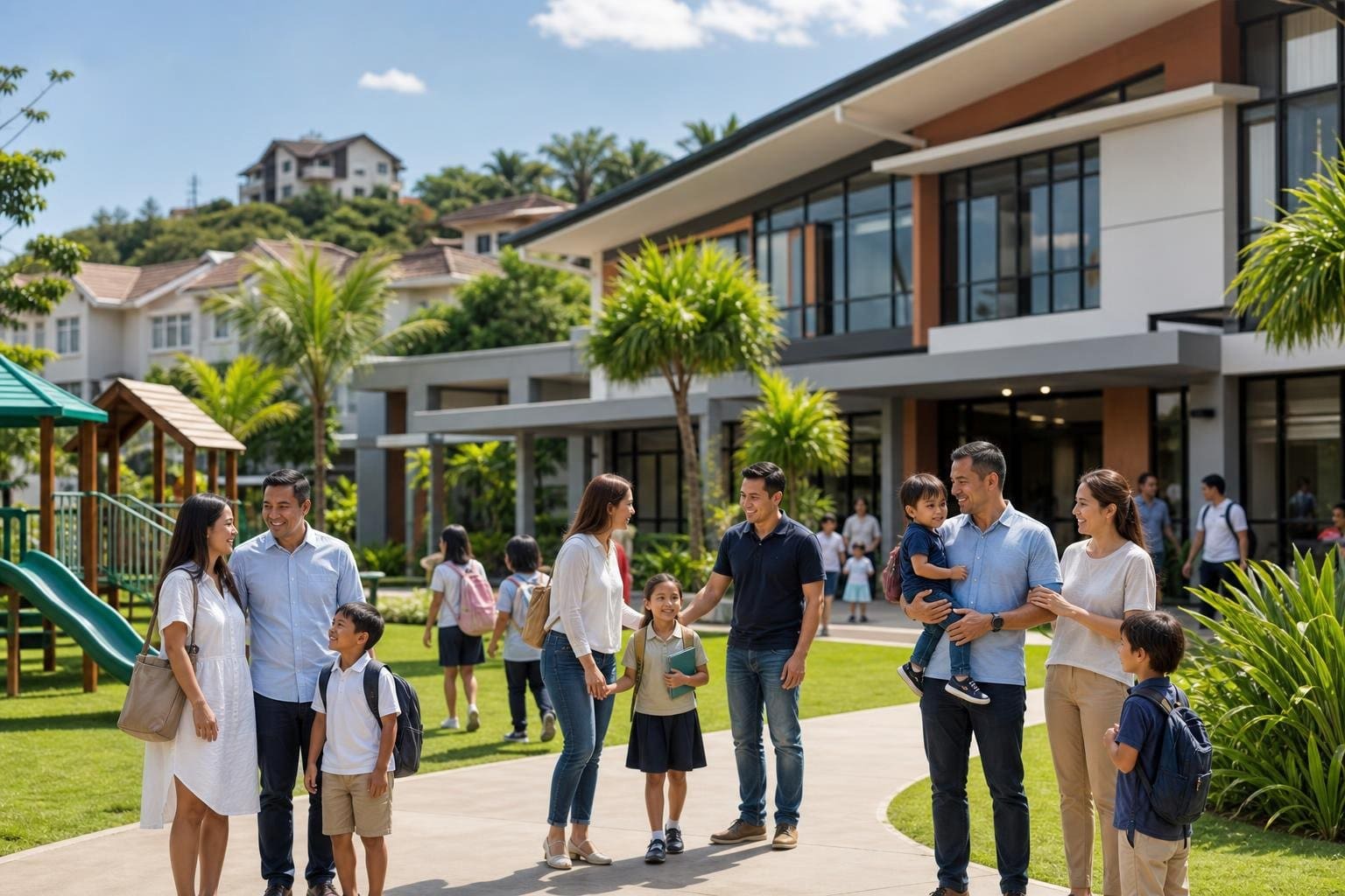 Families with children outside a modern international school near a suburban residential area with green spaces and tropical landscaping.