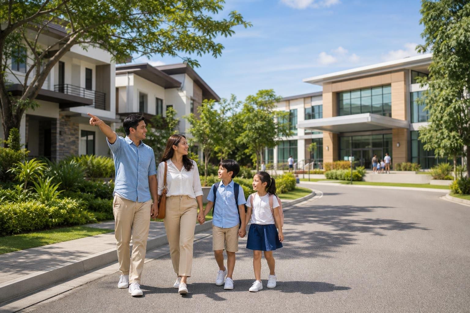 A family with two children walking in a suburban neighborhood near a modern international school building.