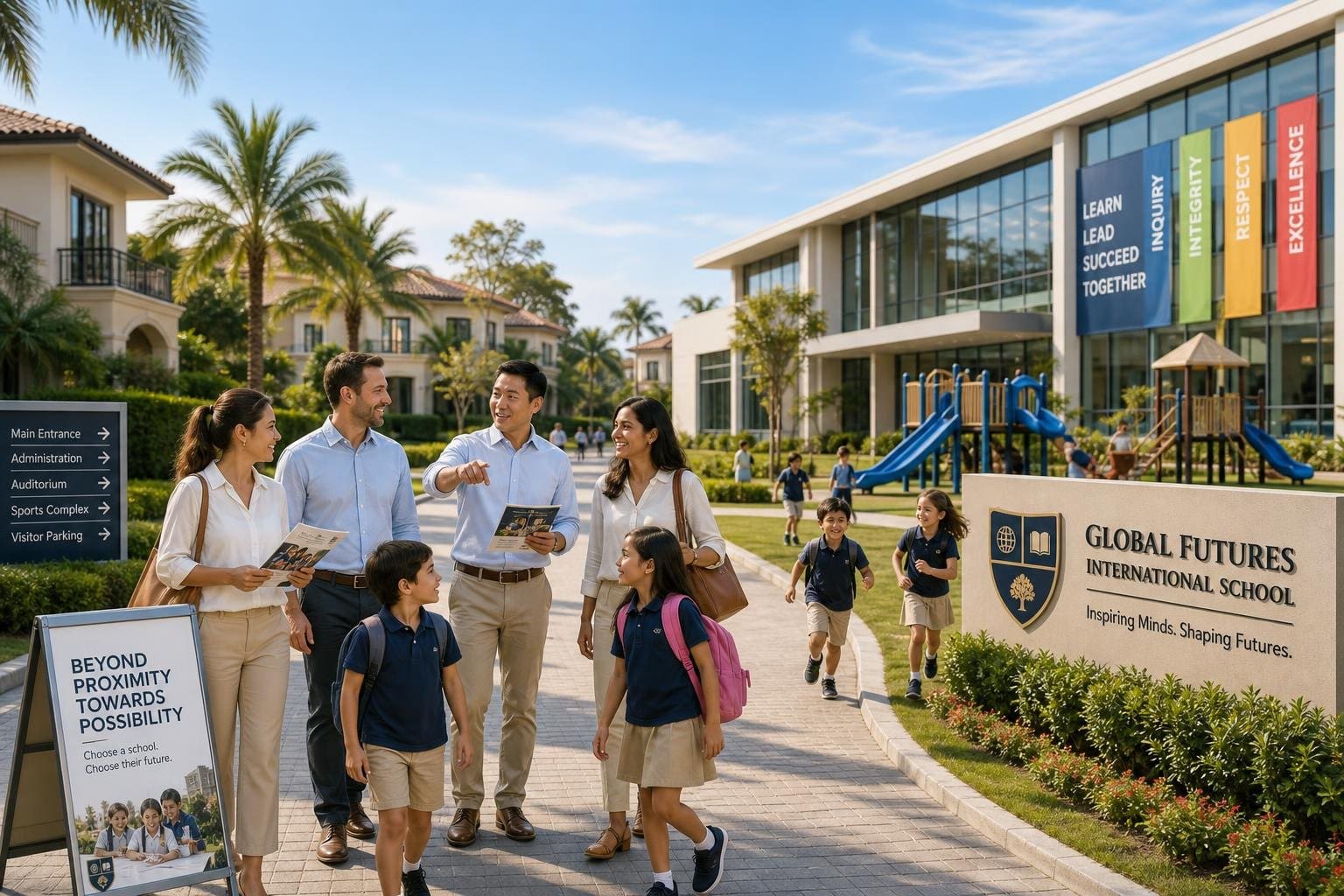 Parents and children walking near a modern international school in a green residential neighborhood, with school buildings and playground visible.