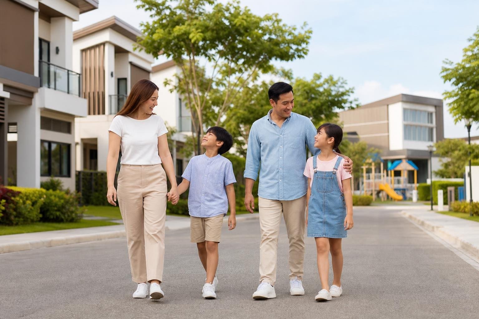 A family of four walking together in a residential neighborhood near a school and playground.