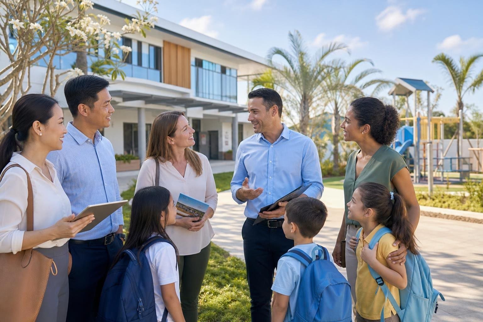 Parents and children talking outside a modern school building in a sunny residential neighborhood.