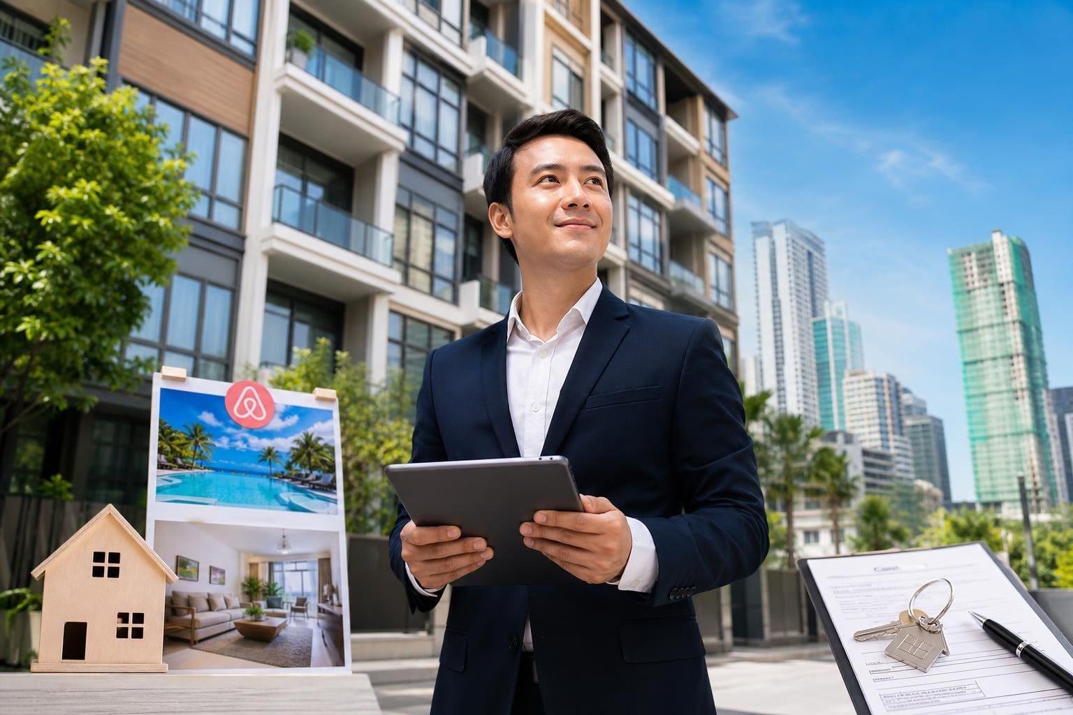 A property owner standing near modern residential buildings in Cebu, with elements representing short-term and long-term rentals.