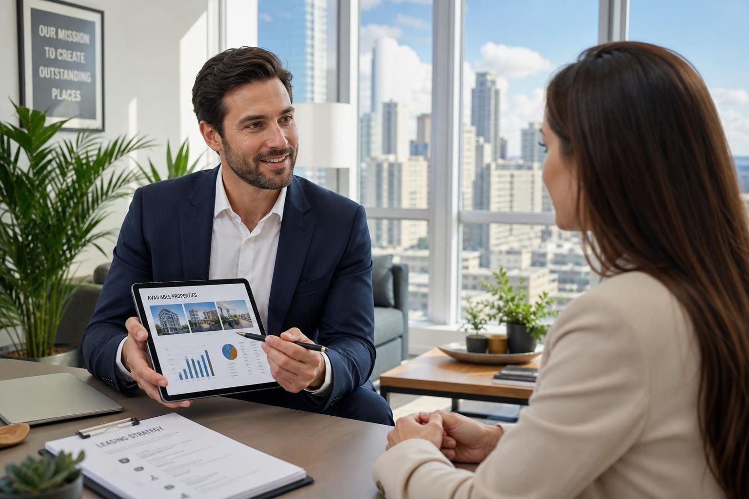 A real estate agent and a property owner discussing leasing documents in a modern office with a city view.