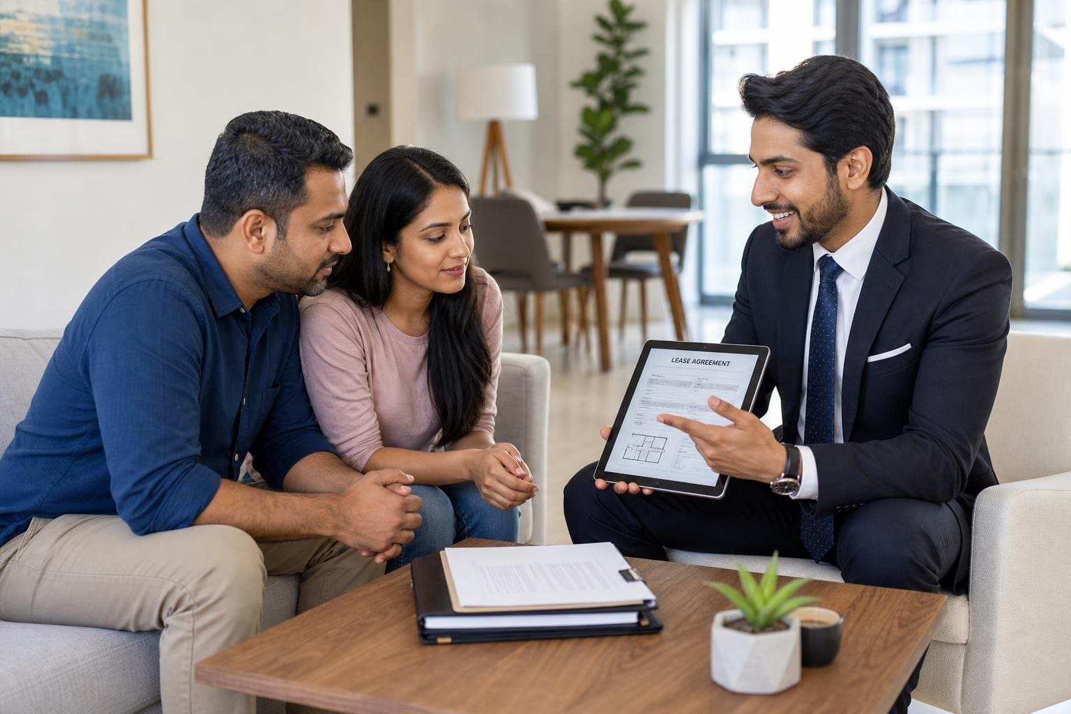A real estate agent discussing leasing details with property owners inside a bright, furnished living room.
