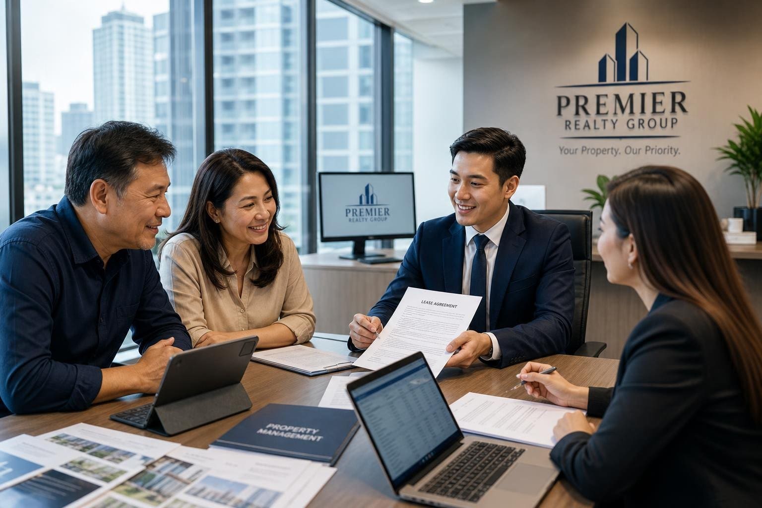 A real estate agent discussing lease documents with property owners in a modern office setting.
