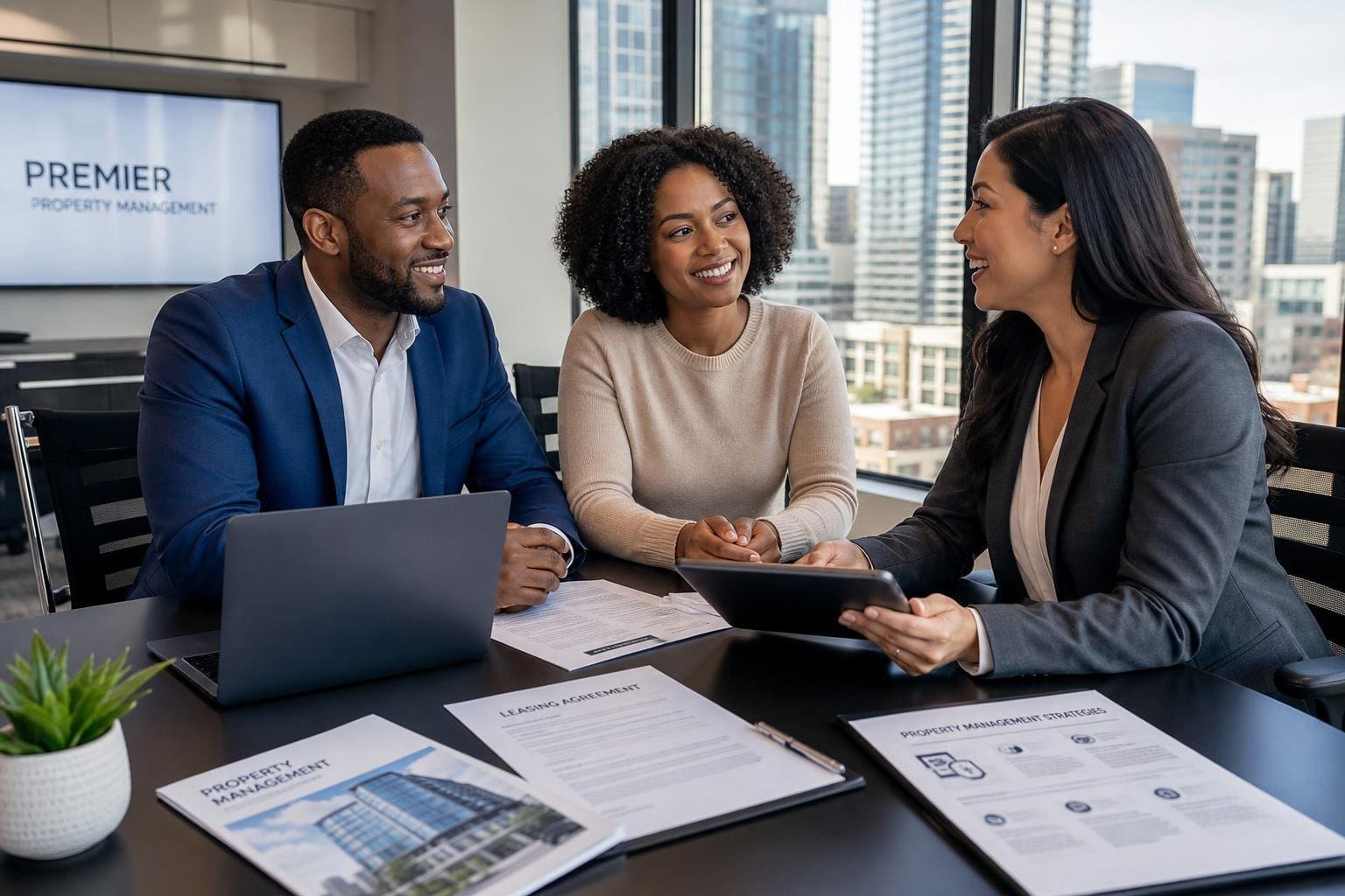 A real estate agent and property owners discussing leasing documents together in a modern office.