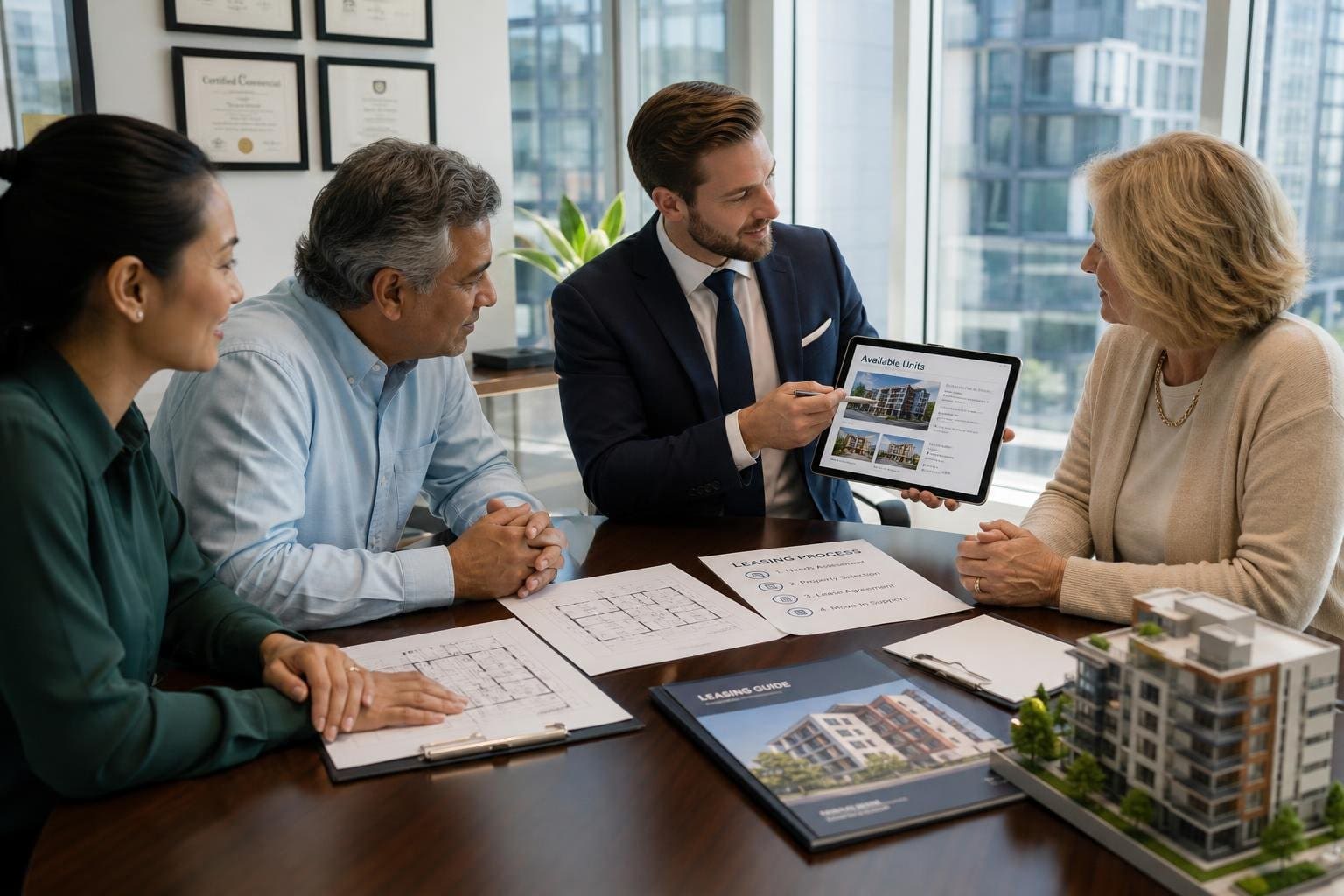 A real estate agent explaining leasing options to a group of property owners in a bright office.