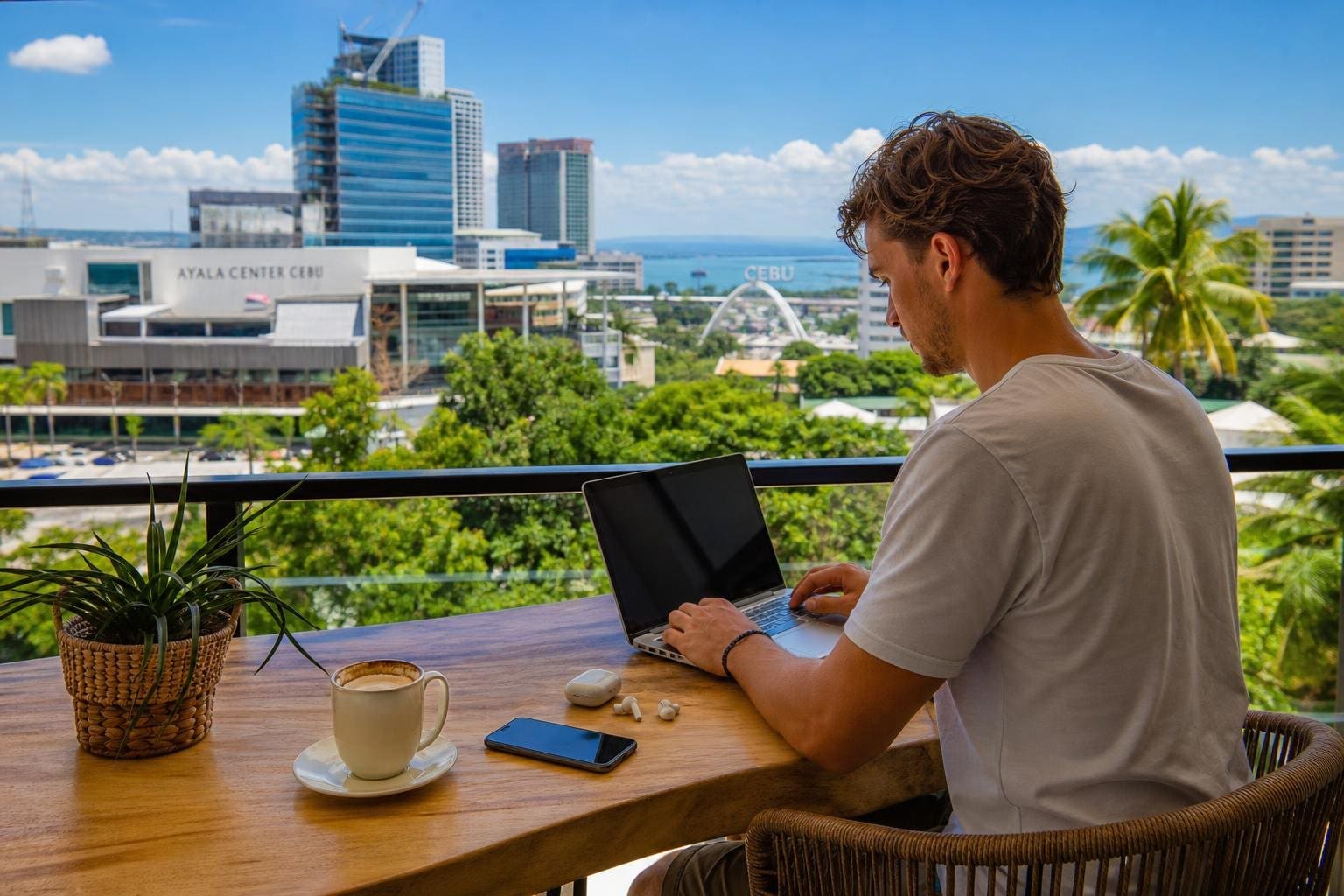 A person working on a laptop at a balcony table overlooking a tropical city with greenery and buildings.