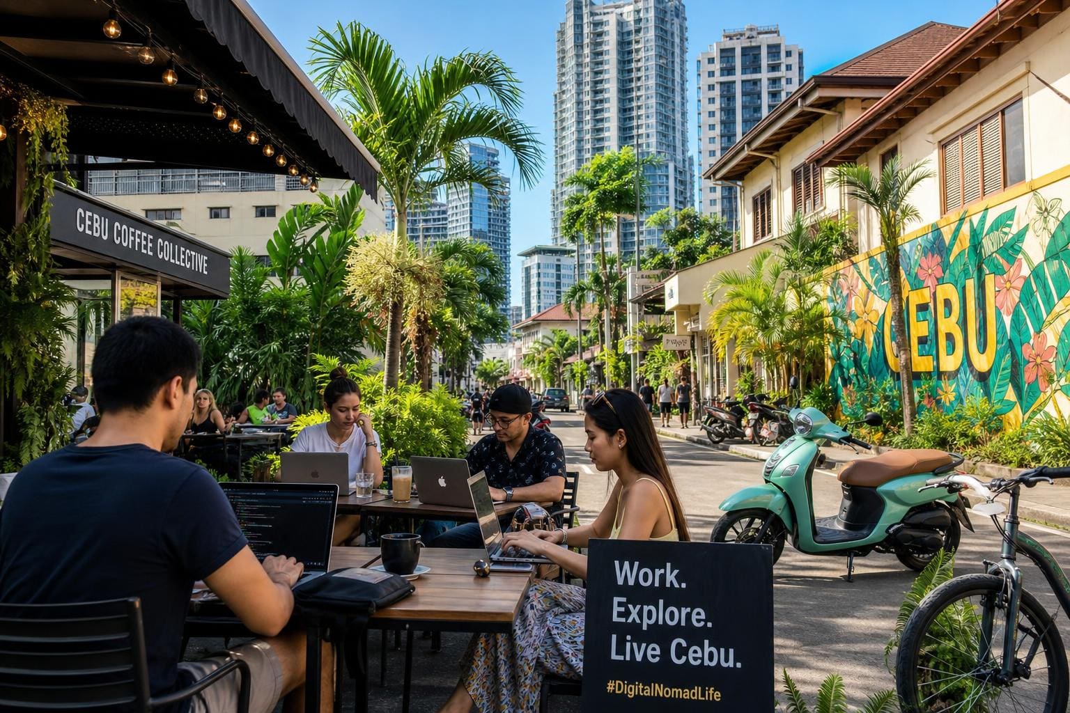 Outdoor café in a tropical neighborhood with people working on laptops, surrounded by modern buildings and palm trees under a clear sky.