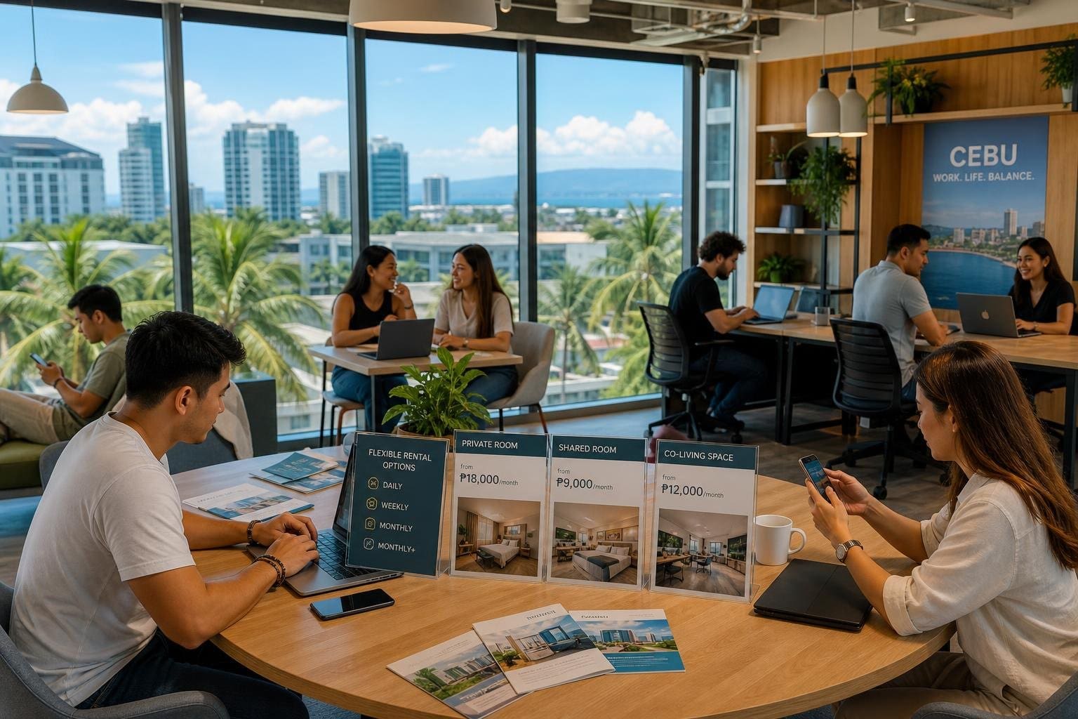 Young professionals working and collaborating in a bright coworking space with a tropical city skyline visible through large windows.