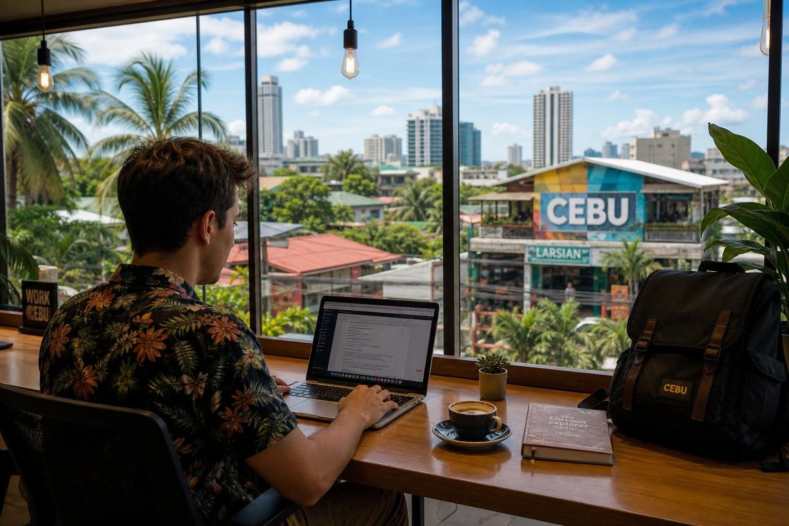 A person working on a laptop at a desk inside a bright co-working space with a view of a tropical urban neighborhood with palm trees and colorful buildings.