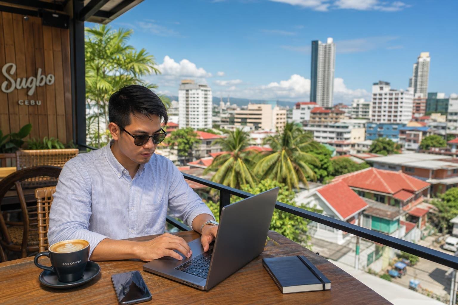 A person working on a laptop at an outdoor café with tropical buildings and palm trees in the background.
