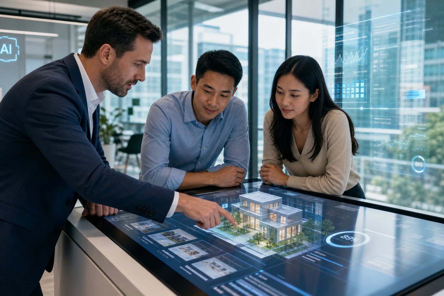 People in a modern office using a digital touchscreen table to review property models and data together.