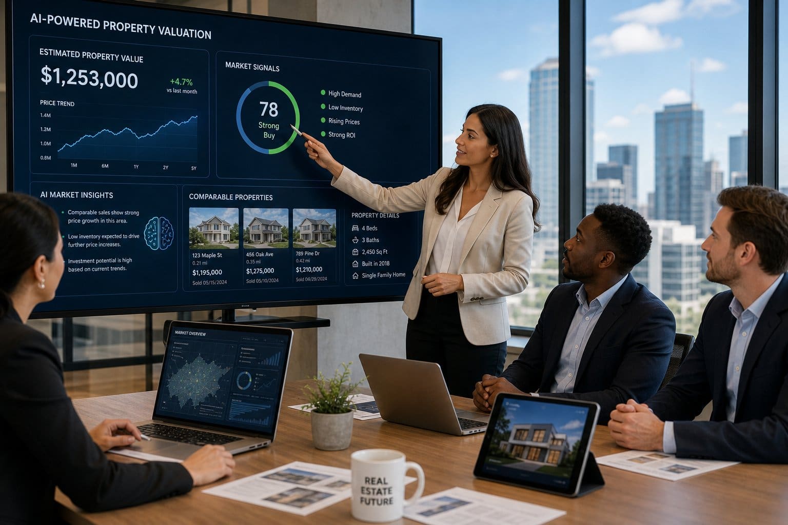 A group of professionals in a real estate office discussing data on a large digital screen showing property price trends and AI-driven valuation charts.