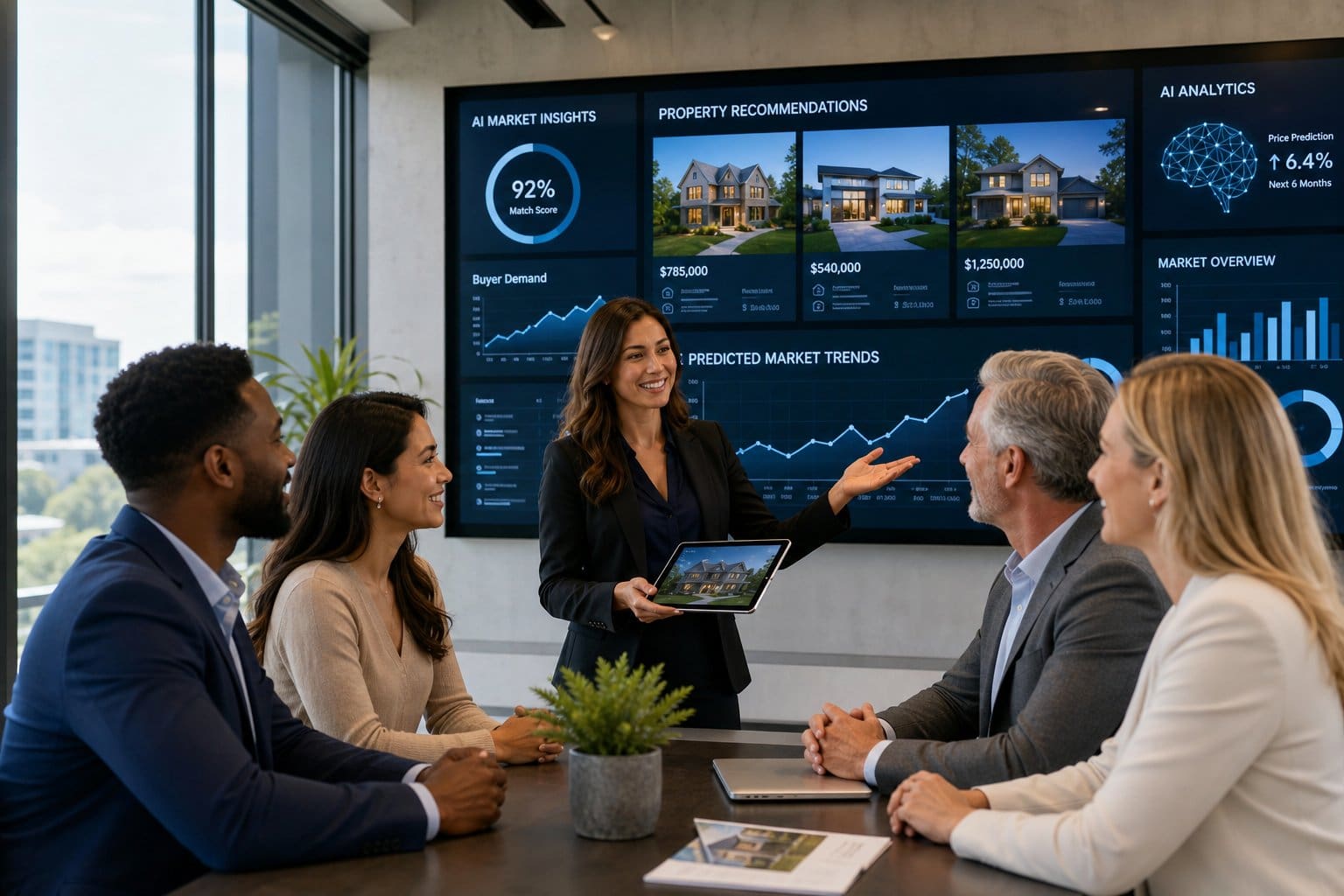 A group of people discussing real estate in a modern office with digital screens showing data in the background.
