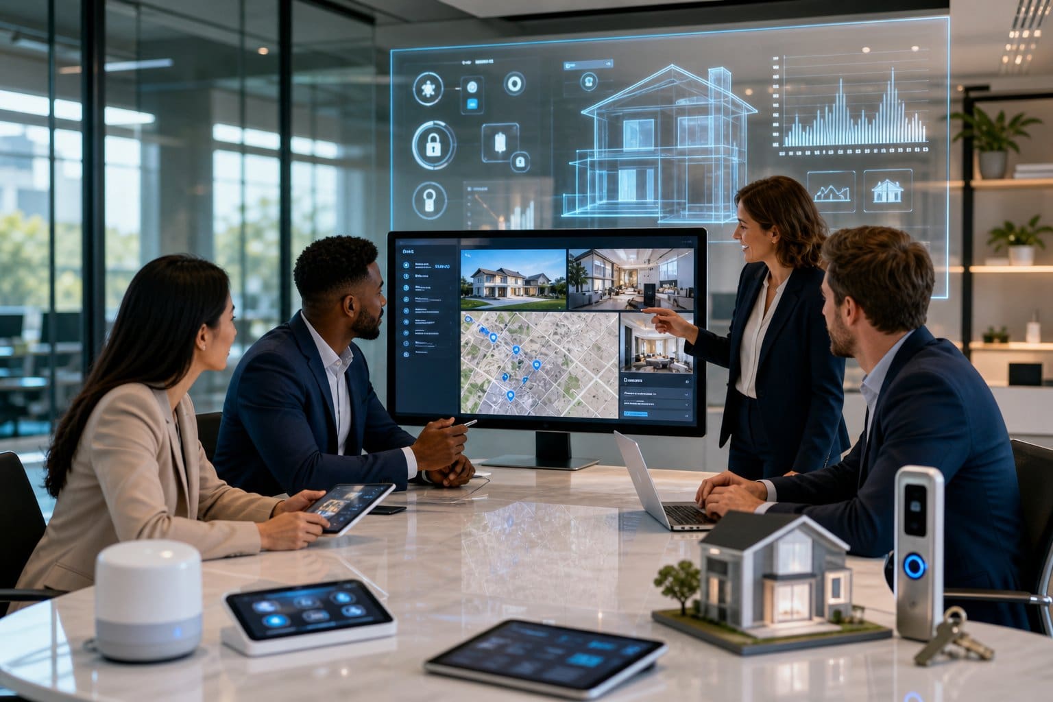 A group of real estate professionals working together in a modern office with digital screens showing property data and AI technology.