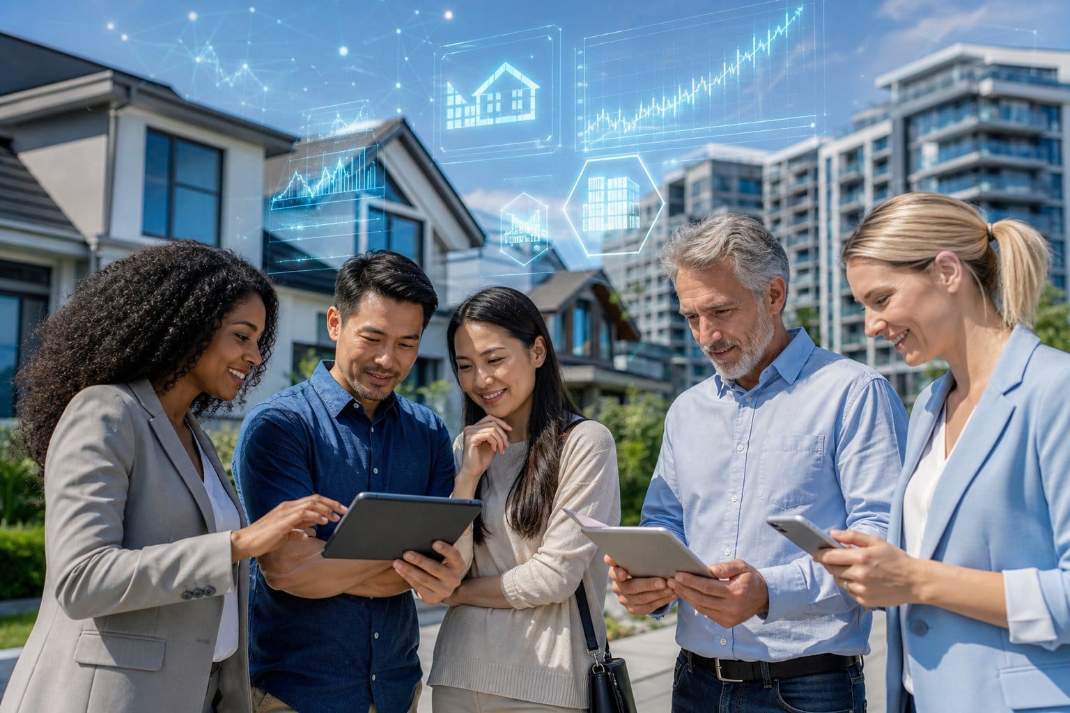 People discussing real estate outdoors near houses and apartments with digital market data overlays representing AI technology.