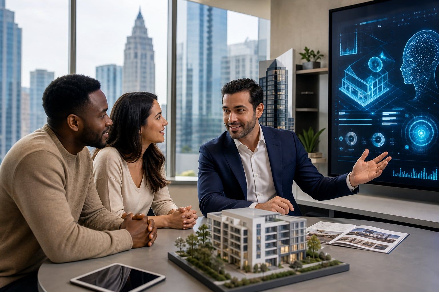 A real estate agent talks with a couple in a modern office with digital screens showing data and a city view in the background.
