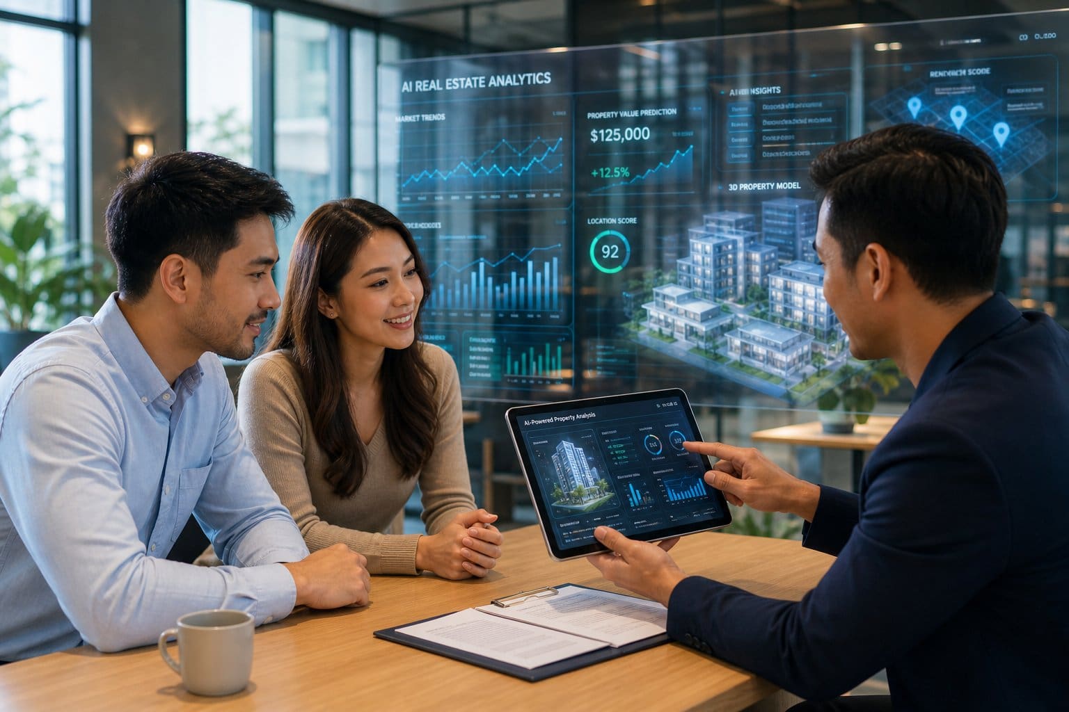 Real estate professionals and clients reviewing AI-powered property data on a digital tablet in a modern office.