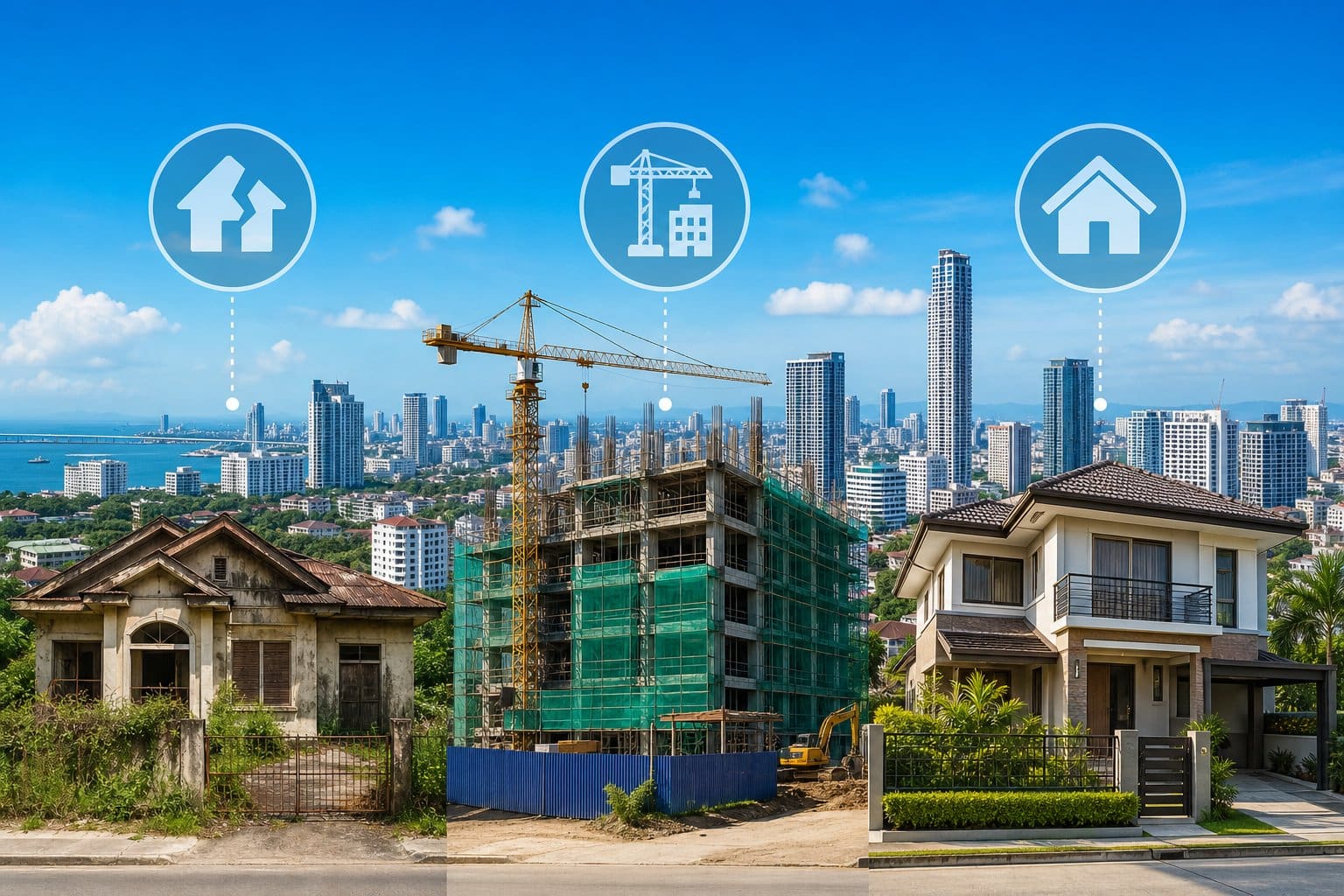 Cityscape of Cebu with three types of properties: a foreclosed house, a new construction site, and a residential home, representing different real estate investment options.