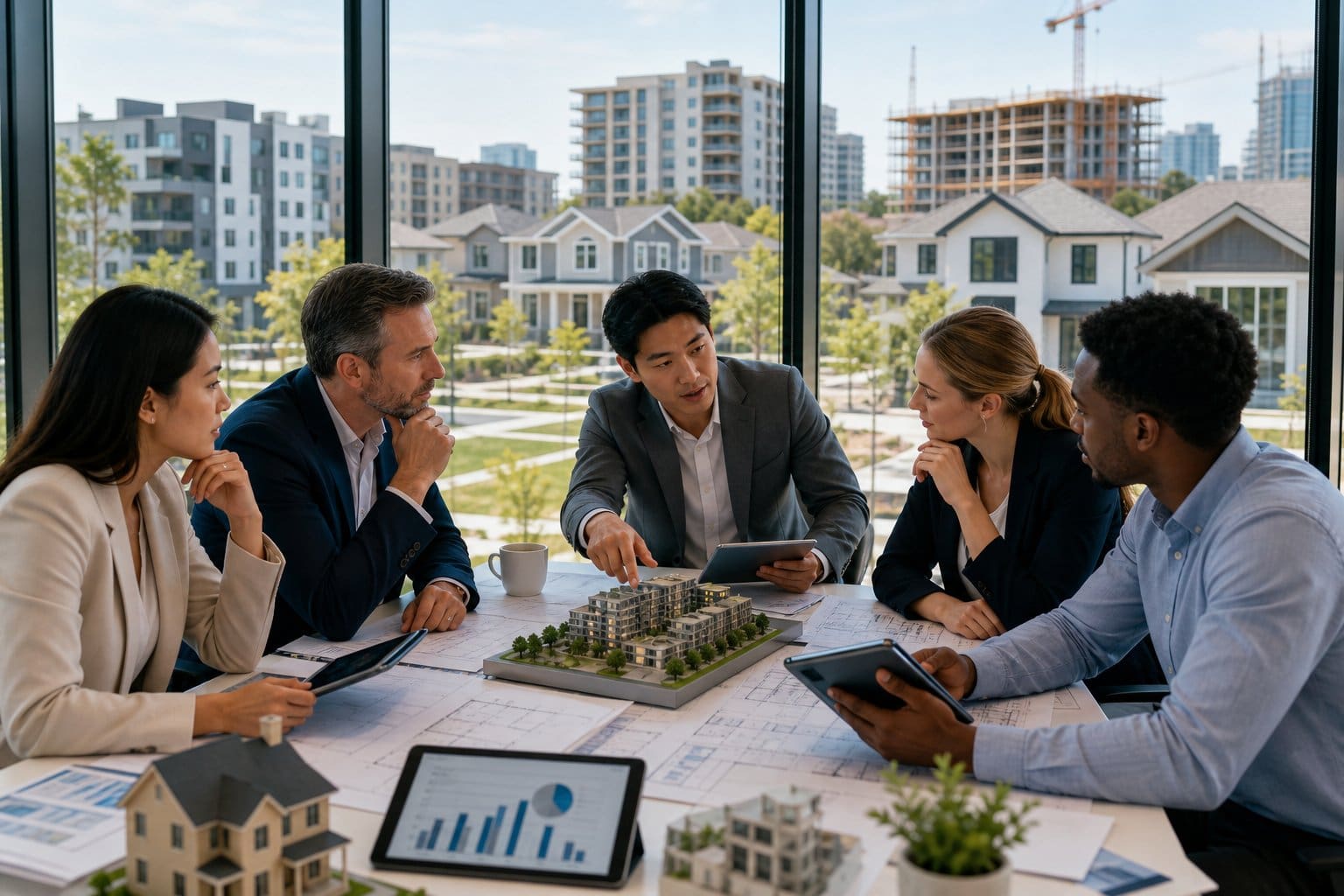 A group of business professionals discussing real estate investment plans around a table with blueprints and digital devices in a bright office overlooking a city with residential buildings.