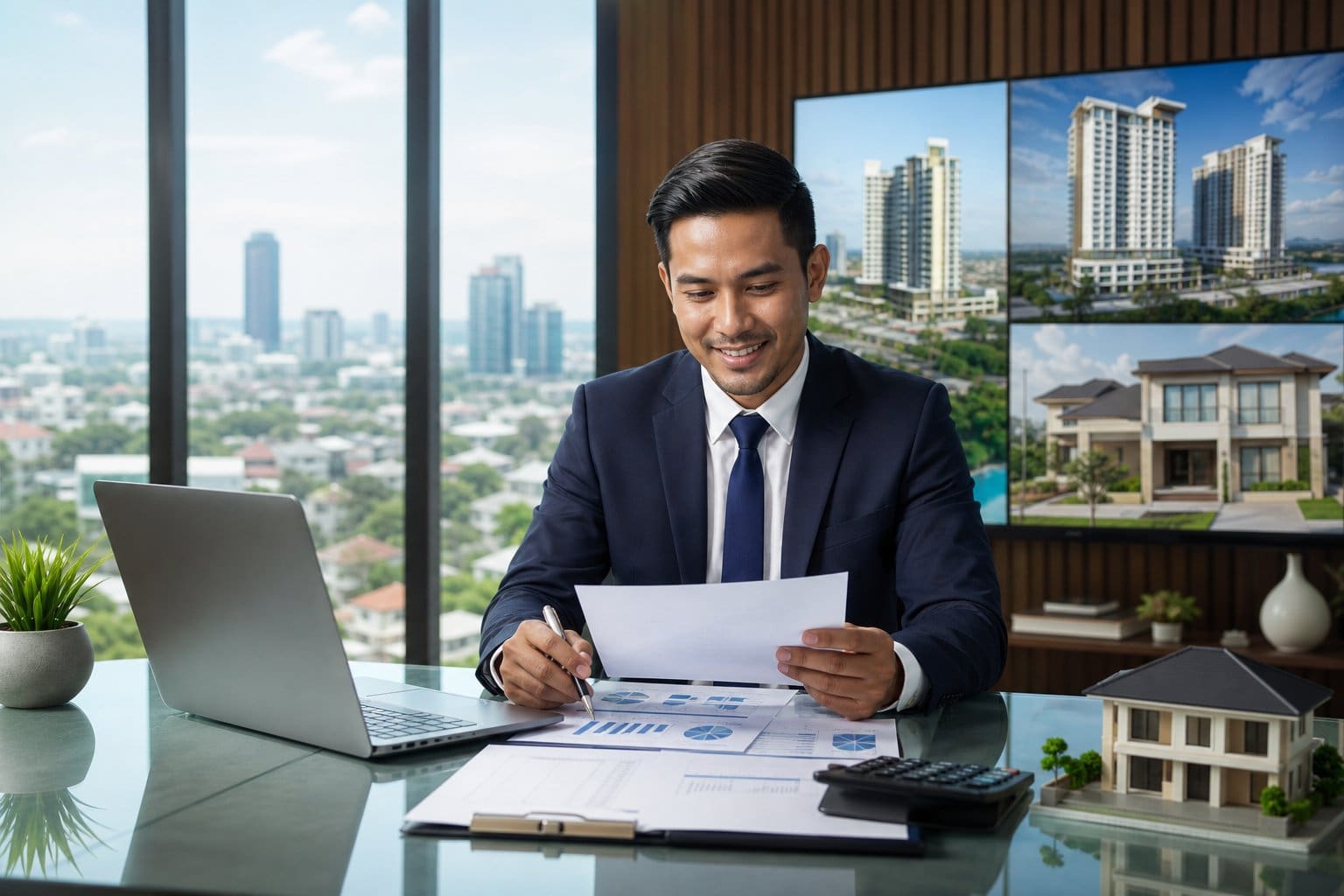 A person reviewing property documents and charts in a modern office with a cityscape of Cebu visible through a window.
