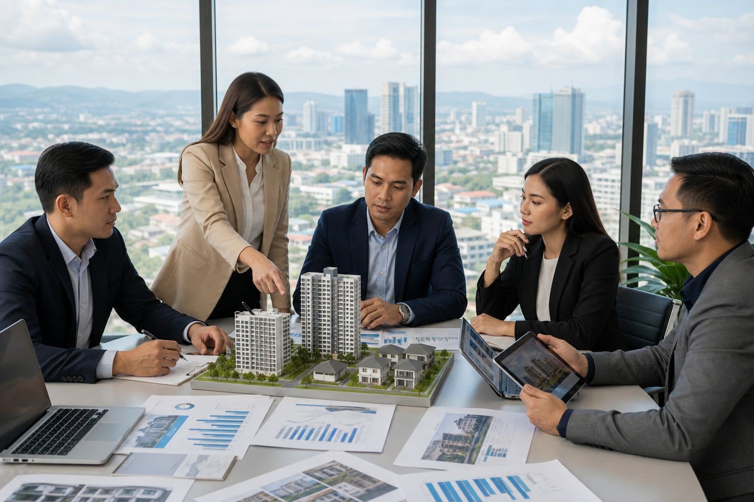 Business professionals discussing real estate investment in an office with city view and property models on the table.