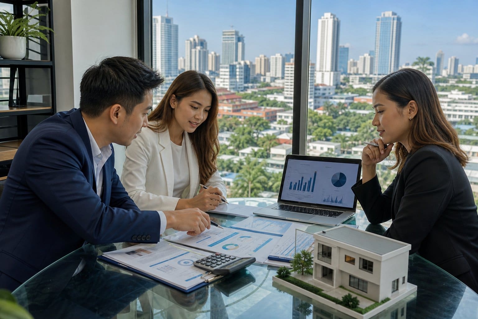 Three business professionals discussing real estate investment documents in a modern office overlooking the Cebu city skyline.