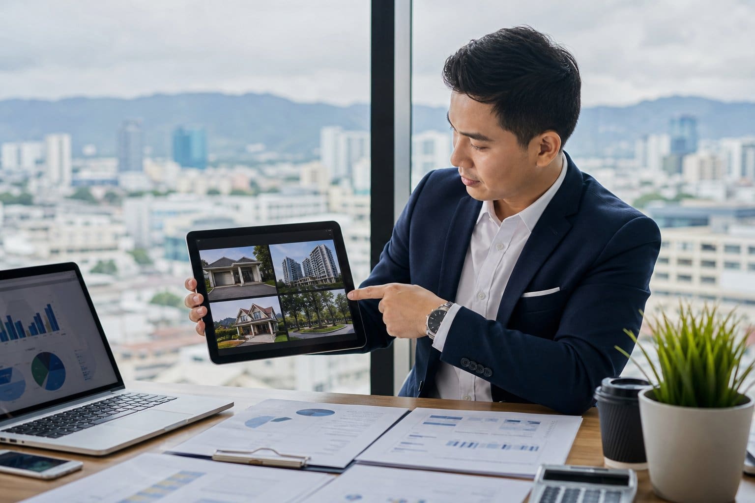 A businessperson in an office reviewing property investment options on a laptop and tablet with a city view in the background.