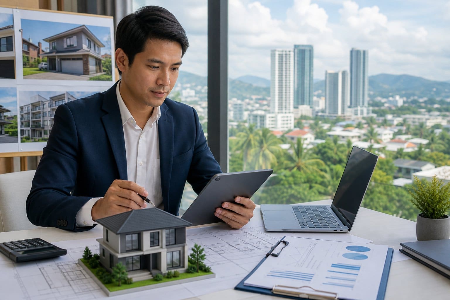 A person reviewing property listings on a tablet in a bright office with real estate models and documents on the desk, overlooking a cityscape with tropical greenery.