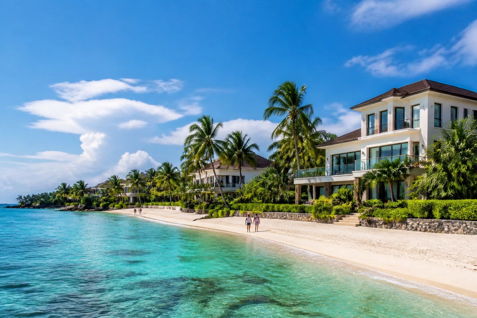 Beachfront neighborhood in Mactan with clear blue water, white sand, palm trees, and modern homes by the ocean.