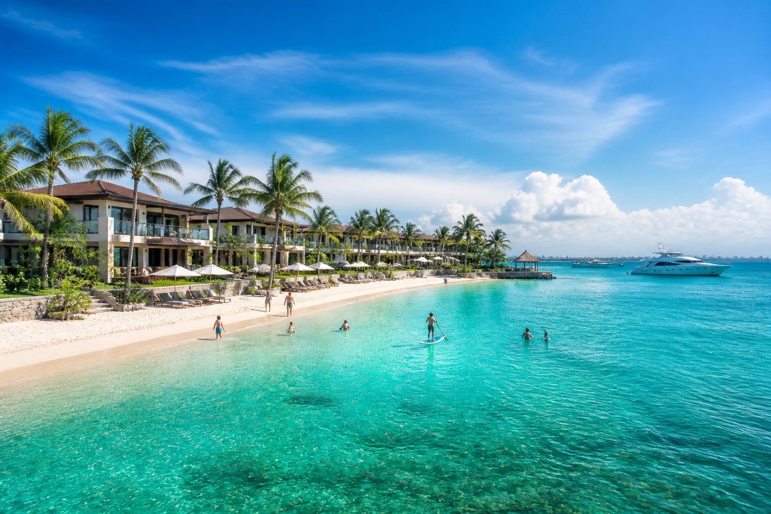 A peaceful beachfront scene with white sand, clear turquoise water, palm trees, and modern resort buildings along the shore.