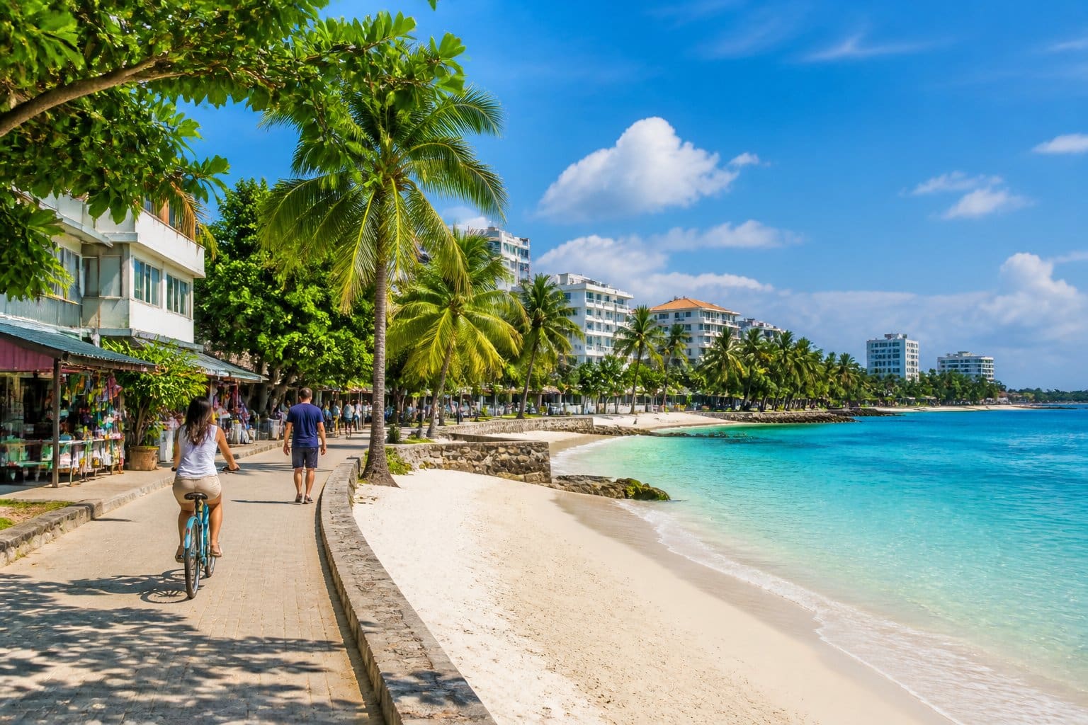 A sunny beach with turquoise water, white sand, palm trees, nearby houses, shops, and people walking along a path next to the shore.