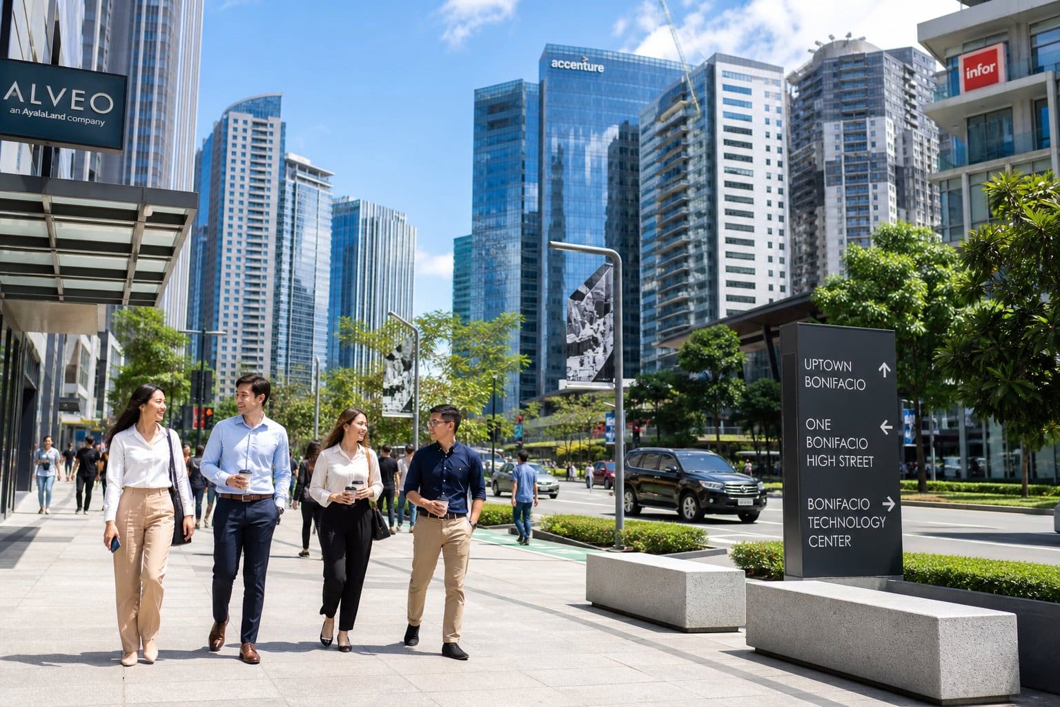 Young professionals walking near modern high-rise office buildings and condominiums in a busy urban business district during daytime.