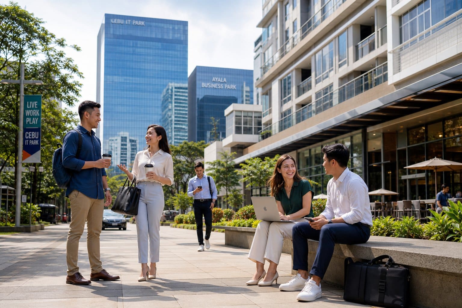 Young professionals interacting outside modern condominium buildings near a busy city business district with office towers and greenery.