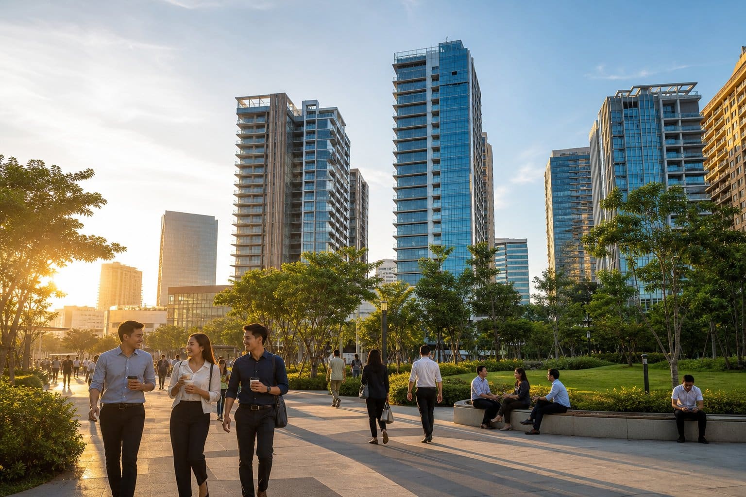 Modern high-rise condominiums near Cebu IT Park with young professionals walking and green outdoor spaces in a vibrant city setting.