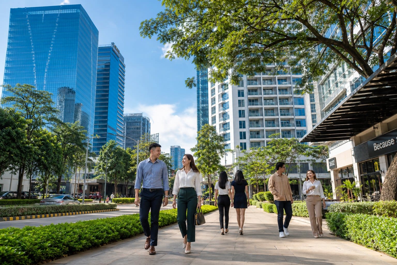 Modern condominium buildings near a business district with young professionals walking and greenery around.