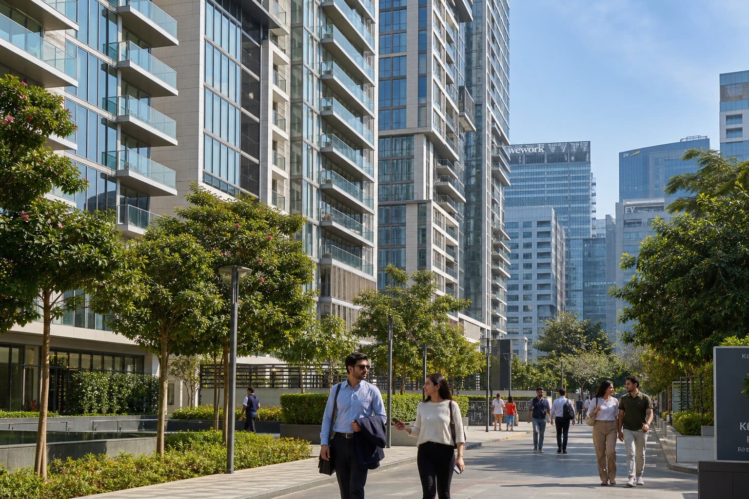 Modern high-rise condominiums near office buildings with young professionals walking and interacting outdoors.