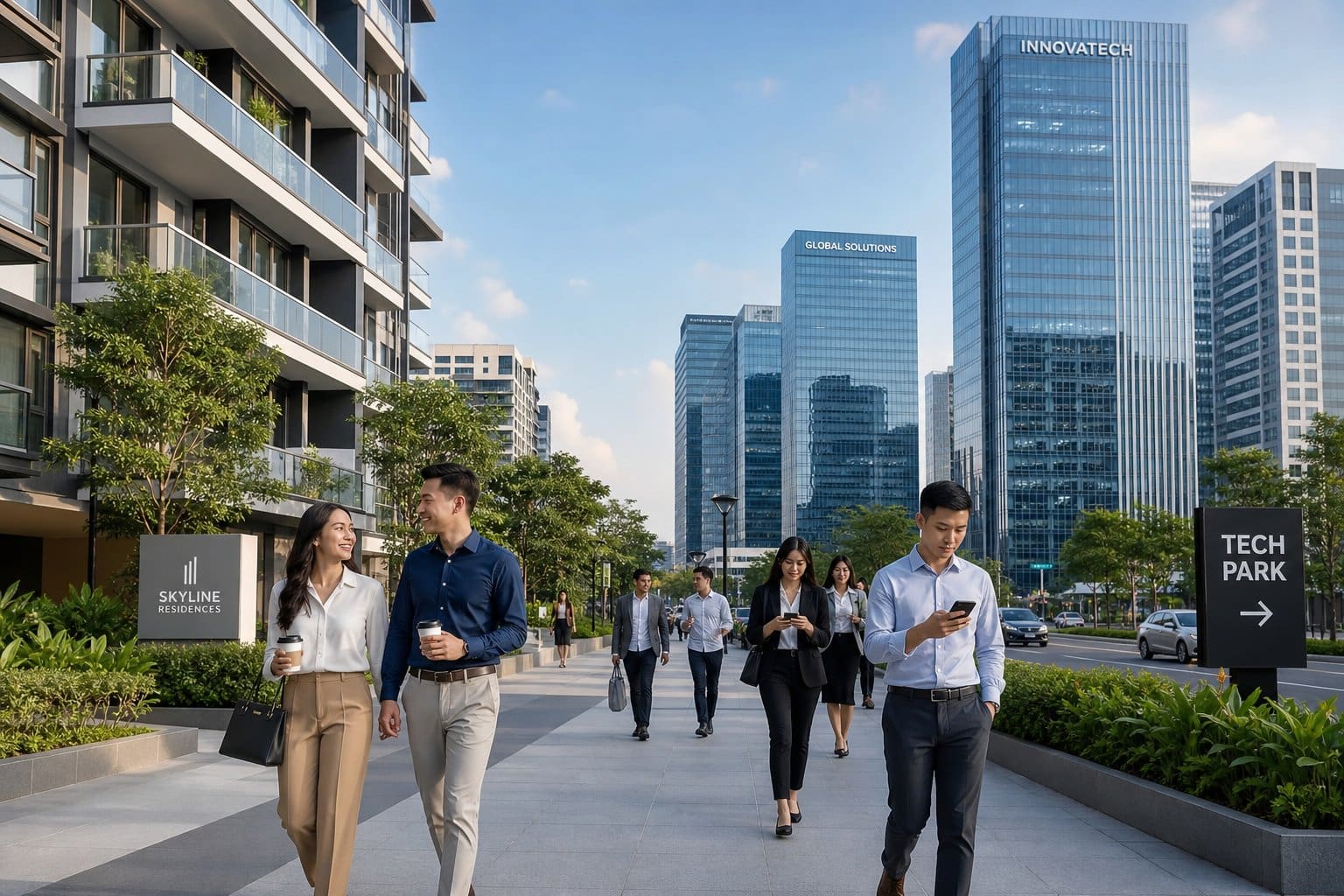 Modern condominiums near a business district with young professionals walking and interacting outdoors.