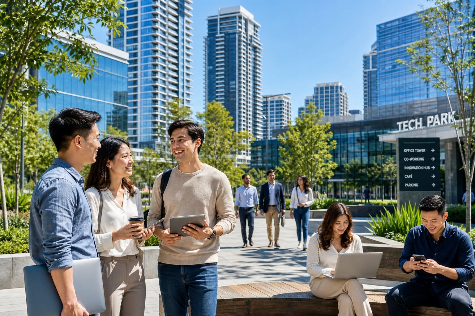 Young professionals interacting outdoors near modern high-rise condominiums in a city business district.