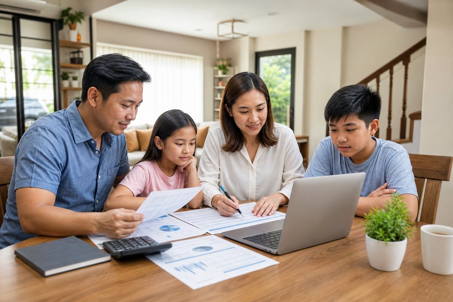 A Filipino family sitting at a table reviewing financial documents and a laptop, planning home buying costs.
