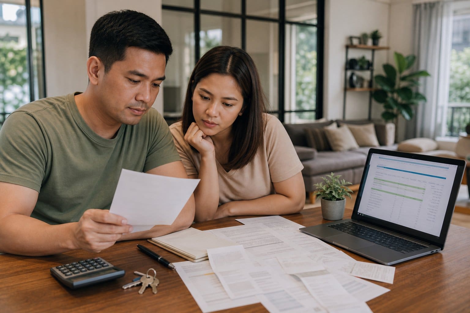 A Filipino family reviewing finances and documents at a table in a bright living room, preparing for home purchase costs.