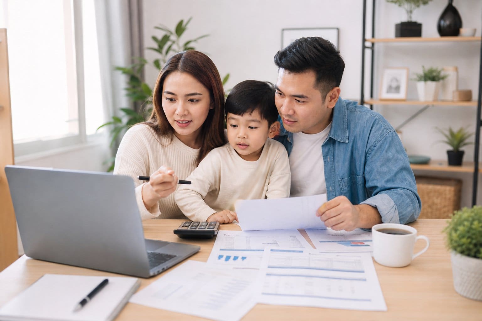 A Filipino family reviewing financial documents and a laptop together at a table in a bright home setting.