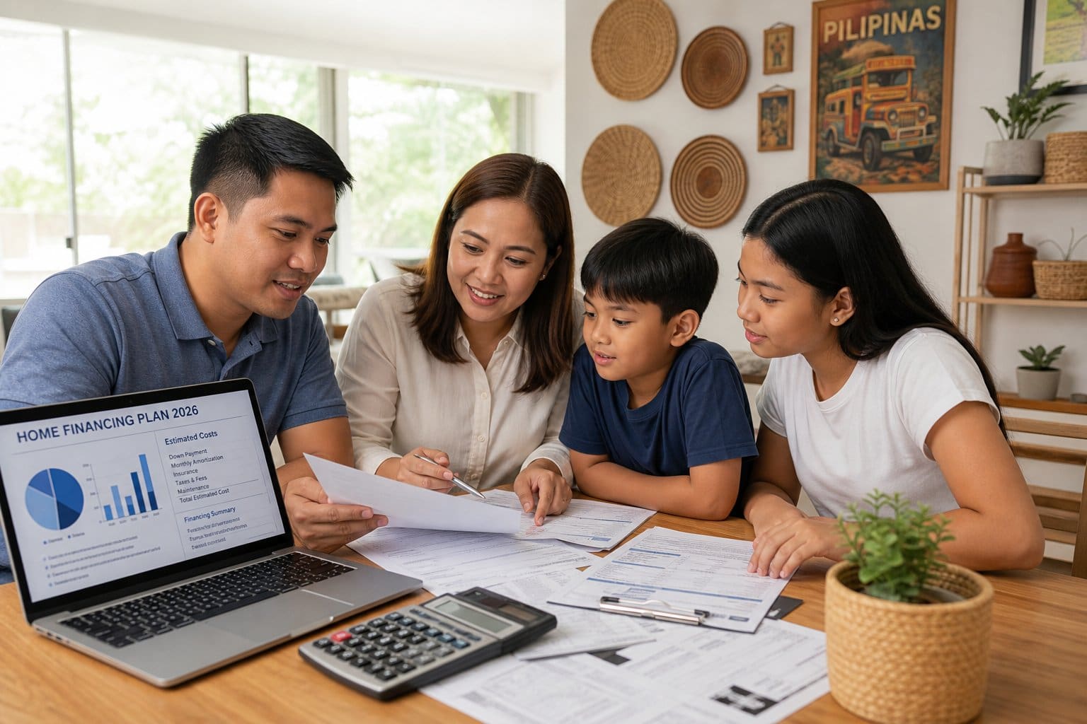 A Filipino family reviewing financial documents together at a kitchen table in a well-lit home.