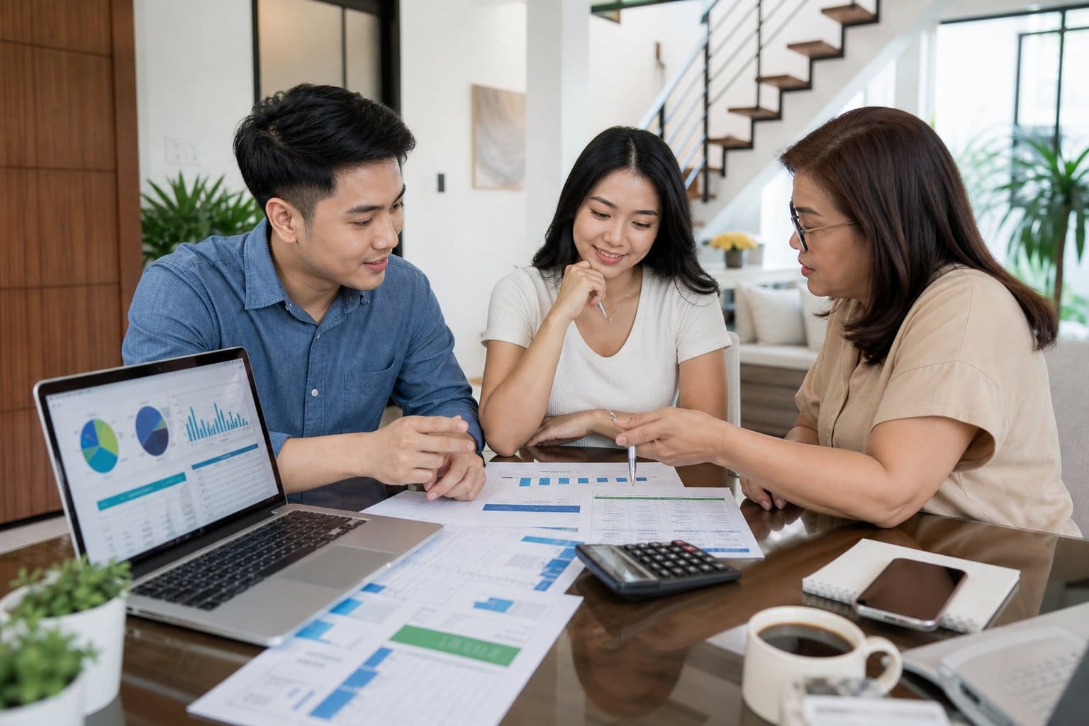 A Filipino family discussing home buying finances around a table with a laptop, documents, and a calculator in a bright modern home.