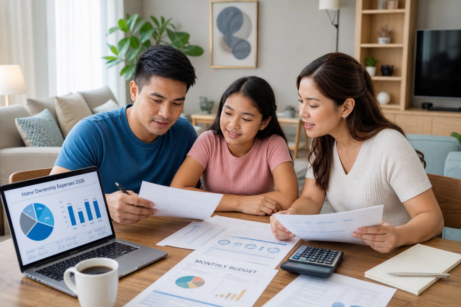 A Filipino family sitting at a dining table reviewing their home expenses with a laptop, documents, and a calculator in a bright, cozy home.