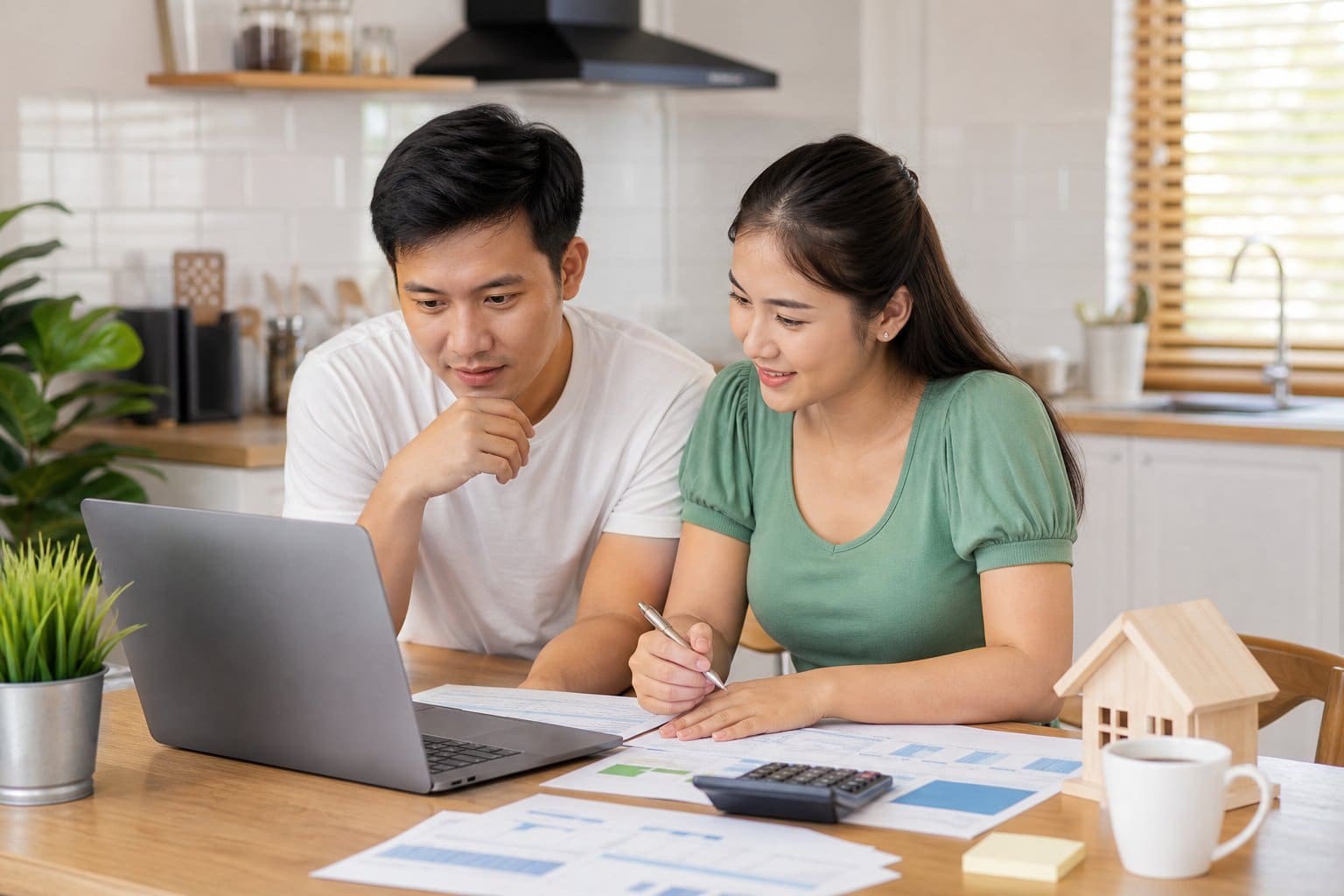 A Filipino couple sitting at a kitchen table reviewing financial documents and using a laptop to plan their budget.